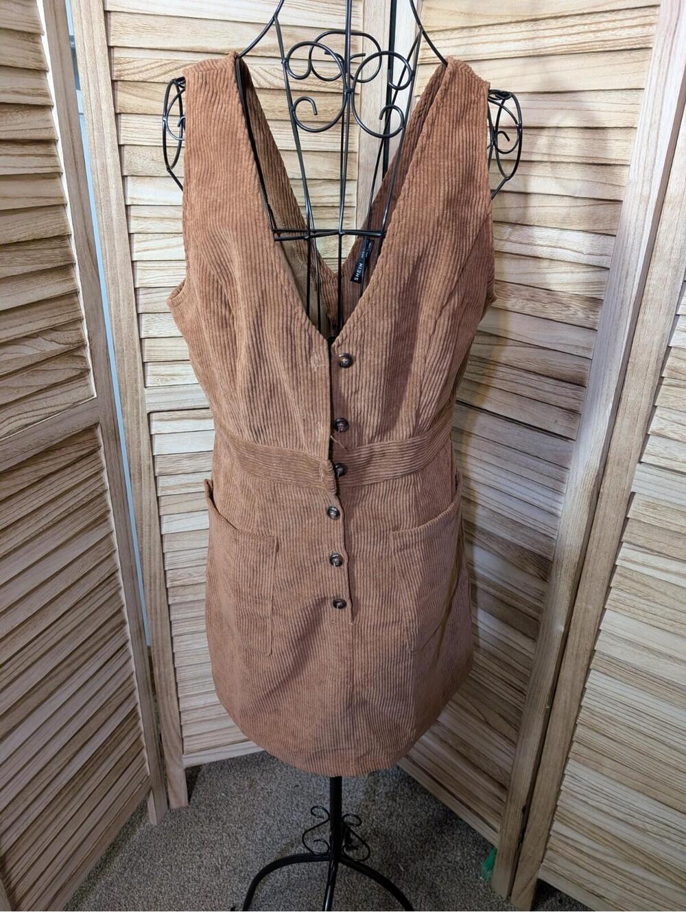 Shein,‎ Button Front Corduroy Overall Dress With Pockets, Brown, Med